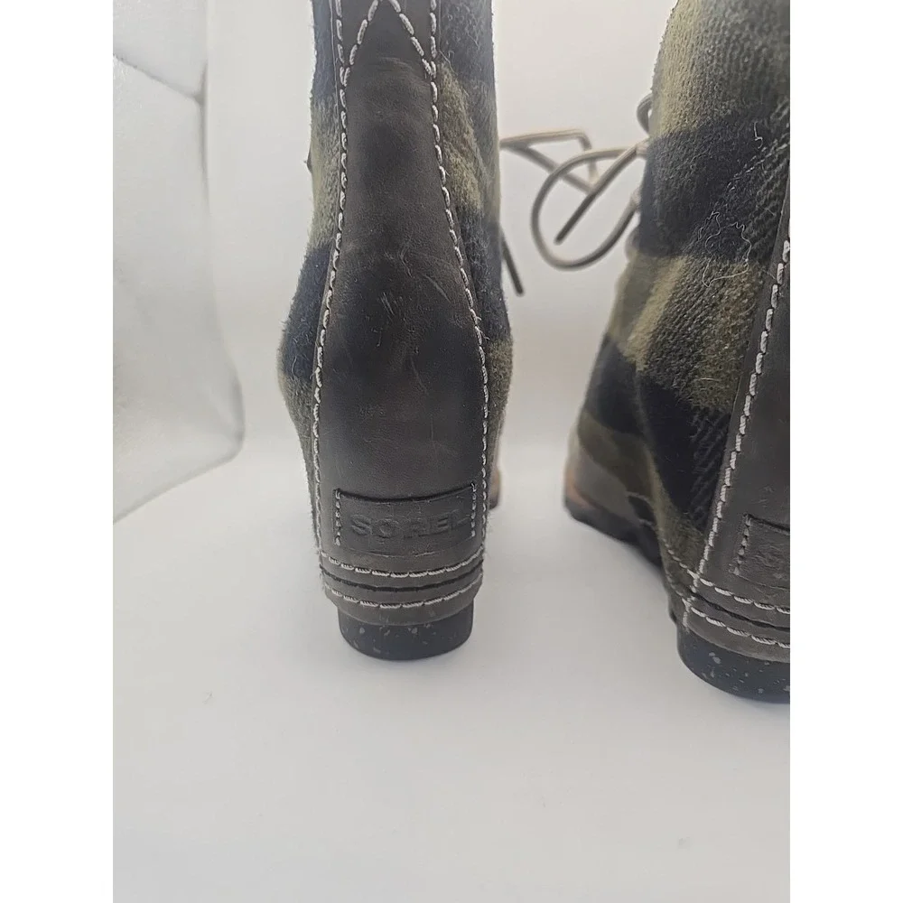 Sorel Buffalo Check Plaid PDX Wedge Boots Bootie Olive Green Women's Size Size 6